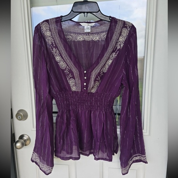 WD.NY 100% Silk Blouse Size 14 Purple Whilte Embroidered Flare Long Sleeves Y2k - Picture 3 of 14